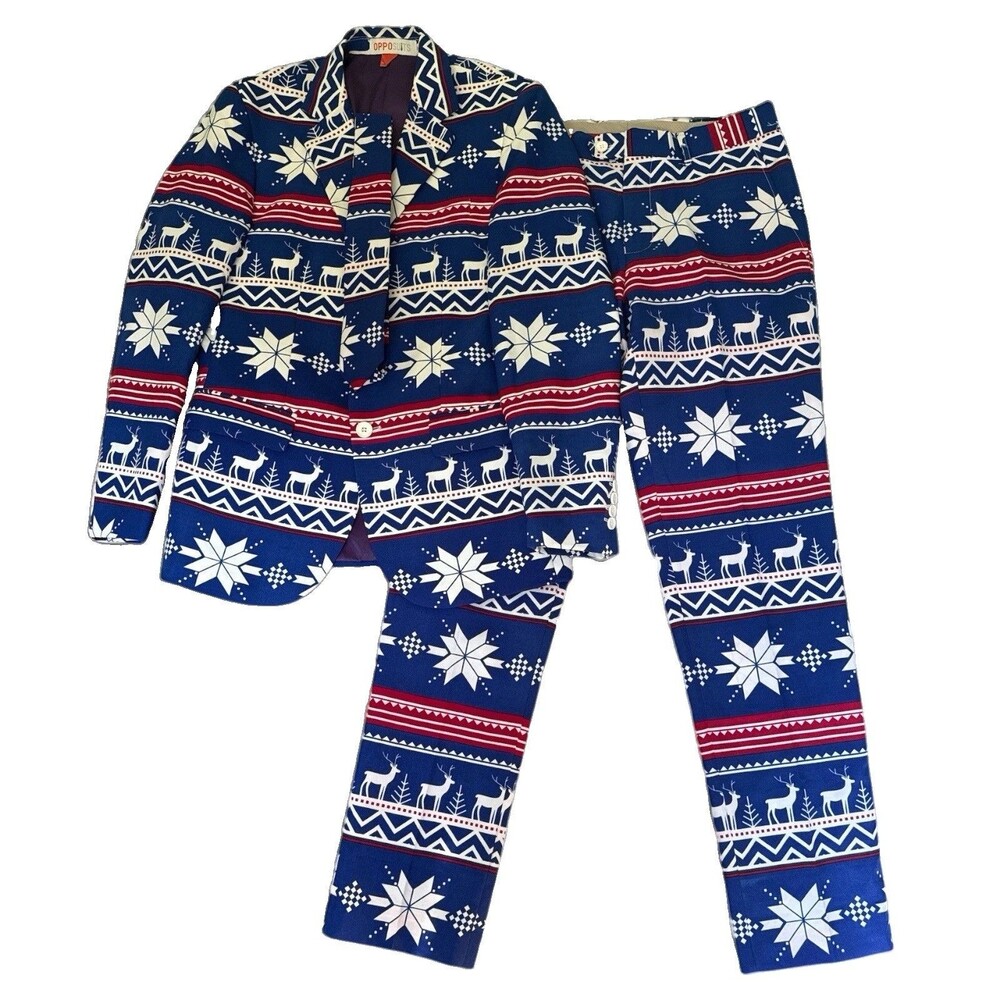 OppoSuits Christmas Suit Mens 36 Blue Reindeer Snowflake Jacket Pants Tie 32